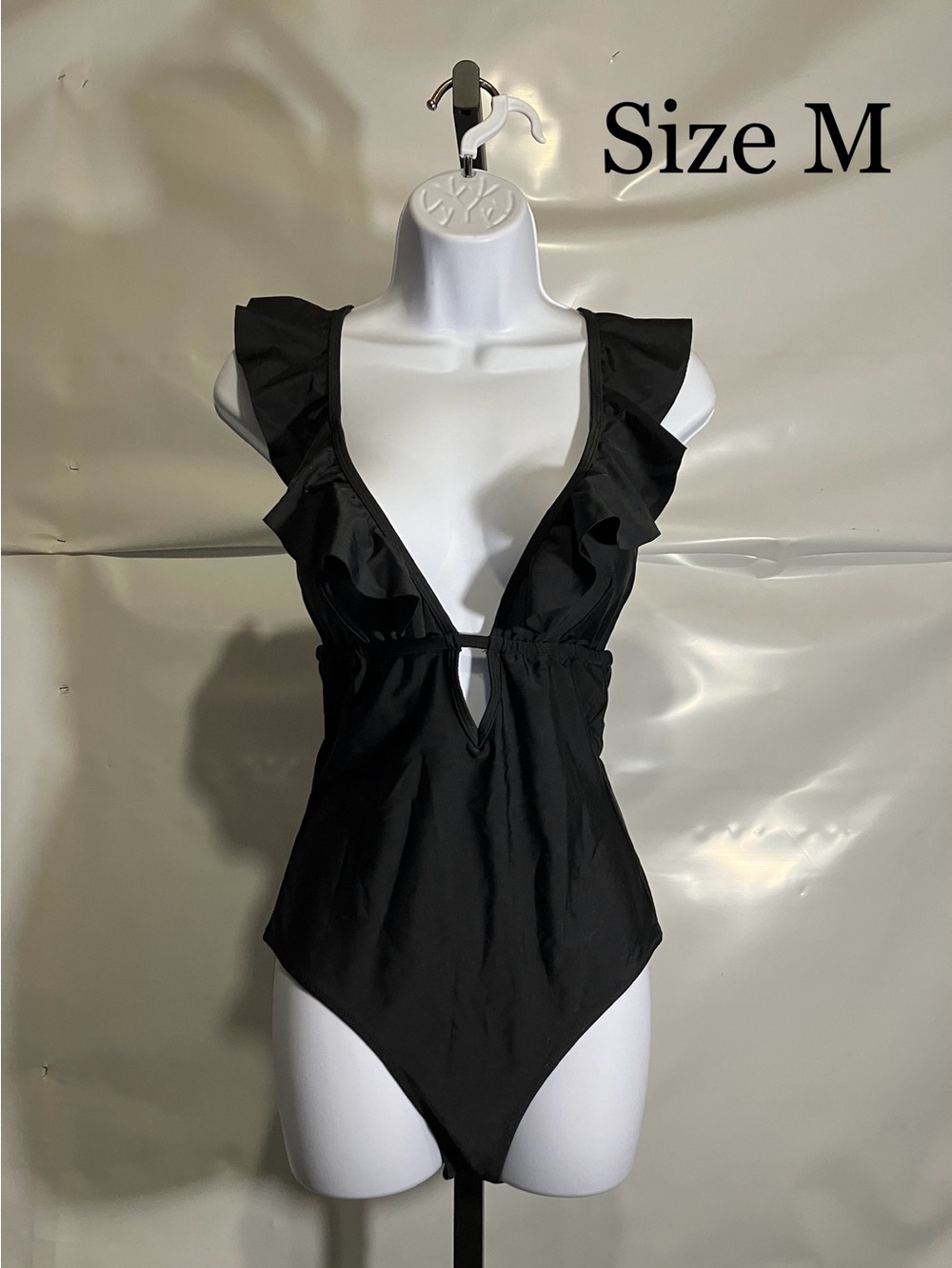 Women’s Ruffled Deep V Black One-Piece Swimsuit Size Medium